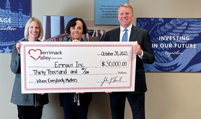 Merrimack union valley credit donates pairs patch shoes howard shaheen lazarus kelley granahan bridget president left john house